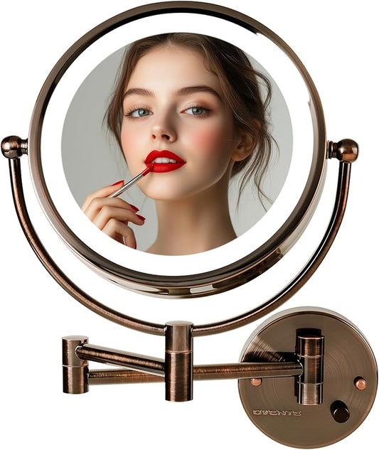 OVENTE Wall Mounted Lighted Makeup Vanity Mirror, 9" Hard Wired Double Sided 1X/7X Magnifying Bathroom Mirror, Dimmable LED Lights, 360° Rotation and 14" Extendable Arm, Antique Brass MPWD3185AB1X7X