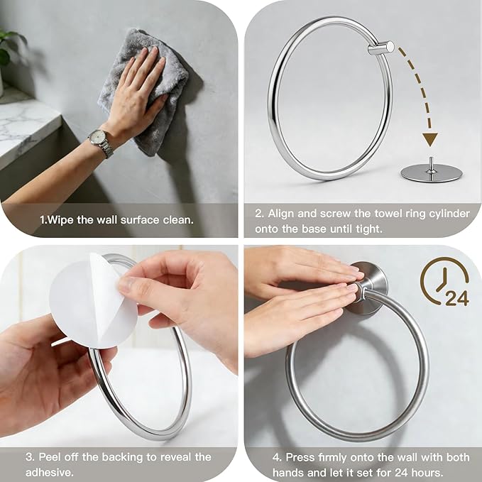 Besteffie Adhesive Towel Ring Wall Mount Hand Towel Ring Self Adhesive Towel Hanger Premium SUS304 Stainless Steel Rustproof Brushed Nickel, Kitchen, Bathroom Hand Towel Holder