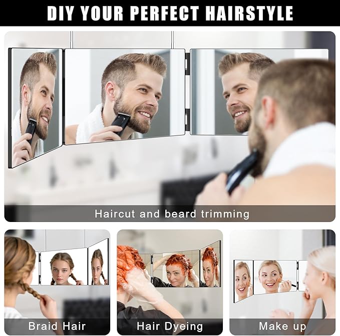 OLIBUY 3 Way Mirror for Hair Cutting, Three Way Mirror for Shaver and Makeup, Height Adjustable with Two Hold Nails, 360 Viewing Angle, Clear Anti-Fog HD Glass