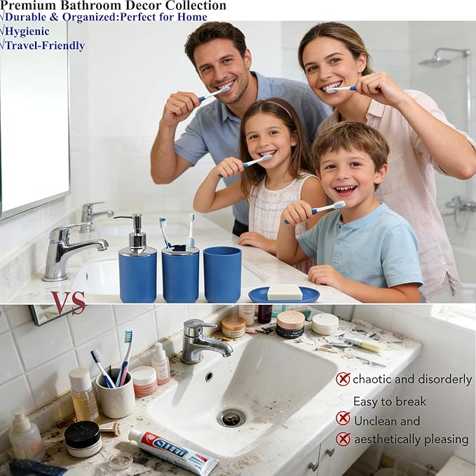 Matte Blue Bathroom Accessories Set, 4 Piece Plastic Bathroom Toothbrush Holder Set, Include Soap Dispenser, Toothbrush Holder, Rinse Cup, Soap Dish, Boho Blue Bathroom Decor for Home, Bathroom Set