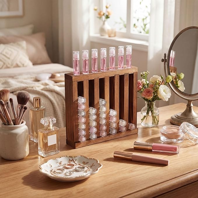 Wonderjune 1 Pcs 6 Slot Wooden Lipsticks Holder 0.7 Inch Lip Balm Tube Holder Lip Gloss Organizer Display Wood Lipsticks Tube Tower Organizer for Market Craft Booth Room Display (Brown)