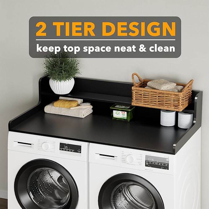 SpaceAid Washer Dryer Countertop with 2-Tier Shelf, Wood Topper with Edge, 54" Width x 27.5" Depth Cover Organizer Guard for Washer and Dryer Counter Laundry Hamper Storage (Black)
