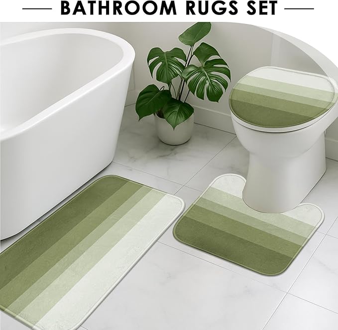 Striped Green Shower Curtain Set with Toilet Lid Cover and Non-Slip Rugs for Bathroom, Minimalist Neutral Ombre 4 Pcs Shower Curtain, Modern Bathroom Set with 12 Hooks