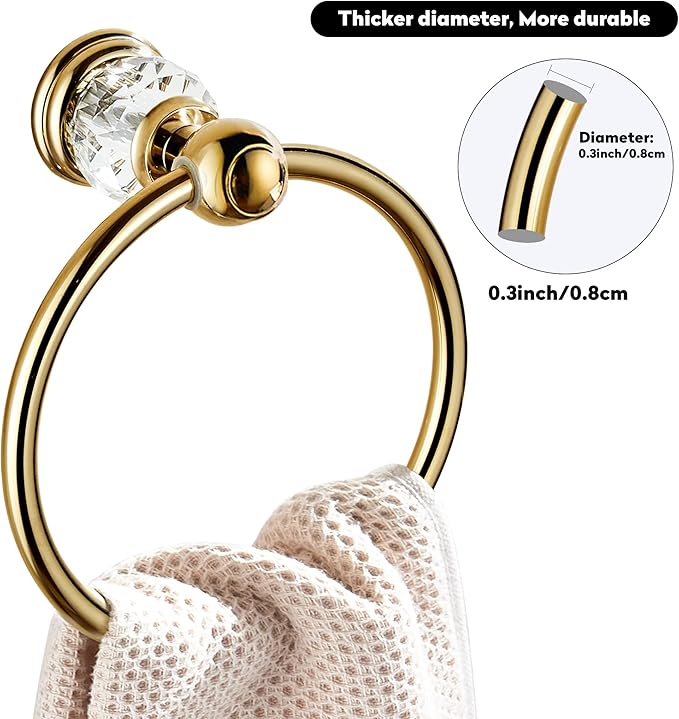WINCASE Crystal Towel Ring, Gold Towel Holders for Bathrooms, Round Hand Towel Rack Wall Mounted Decorative