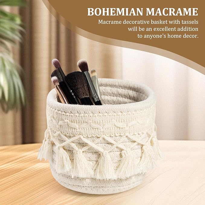 HEAVYWOOD Macrame Makeup Brush Holder Organizer 3.9x3.9 Mini Makeup Containers Boho Small Round Storage Basket Tassels Fringe Decorative Pencil Holder Set of 2 (Cream, 3.9x3.9)