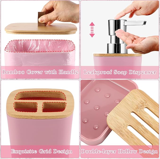 XLHOMO Bathroom Sets with Shower Curtain and Rugs, 27PCS Pink Bathroom Accessories Set with Trash Can, Pink Shower Curtain Set, No Slip Super Absorbent Bathroom Rugs