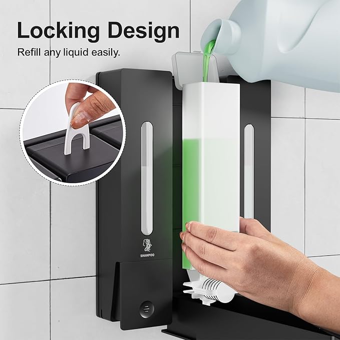 Shampoo and Conditioner Dispenser - Wall-Mounted 3-Chamber Shower Soap Dispenser, No-Drill, 1200ML Capacity, for Bathroom & Hotel