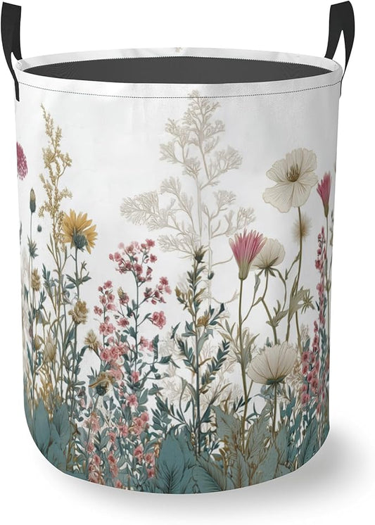 Laundry Basket With Handle, Dirty Clothes Laundry Hamper, Oxford Cloth Bin Storage Organizer for Toy Collection (Wildflower Spring Summer)