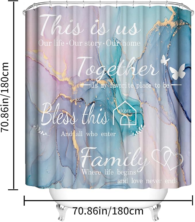 juwute 4Pcs Family Marble Shower Curtain Sets with Rugs,Pink Blue Home Inspirational Bathroom Decor Set, Bathroom Sets with Shower Curtain and Rugs, Waterproof Bathroom Shower Curtains, with 12 Hooks