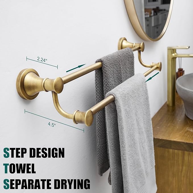 Hoimpro Adjustable Retractable 15-27 Inches Stainless Steel Bathroom Towel Bar, Bathroom Accessories Bath Hotel Double Towel Bar Rod Hanger Wall Mounted Towel Holder Towel Rack, Antique Brass