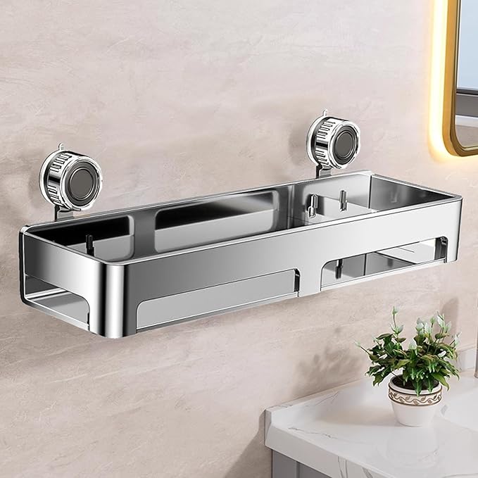 Bathroom Shelf Organizer, 40x15x10.5cm Stainless Steel ABS Suction Cup Wall Storage Rack, Rustproof Holder for Shampoo, Body Wash, Soap, Kitchen