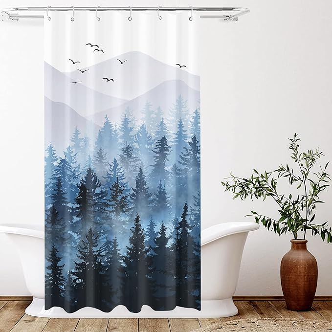Accnicc Stall Small Blue Misty Forest Shower Curtain Set Ombre Mountain Pine Tree Waterproof Fabric Shower Curtains for Bathroom Nature Woodland Decorative Bath Curtain Decor 36×72 Inches