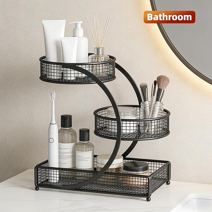 3 Tier Spiral Bathroom Countertop Organizer Shelf, Multi-Purpose Metal Makeup Storage Rack for Cosmetics, Toiletries, Spices, Ideal for Bathroom, Kitchen, Bedroom, Office, No Assembly Required- Black
