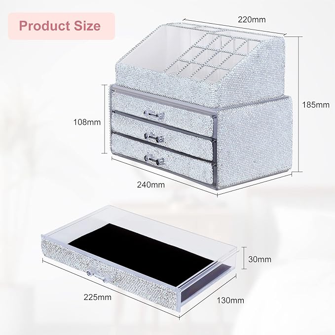 KEYPOWER Makeup Organizers Drawer Bling Diamond,Fashion Countertop Jewelry Cosmetic Storage Display Boxes,Makeup Brush Holder, Cosmetic Holder,2 Pieces Set(Purely Handmade)(White)