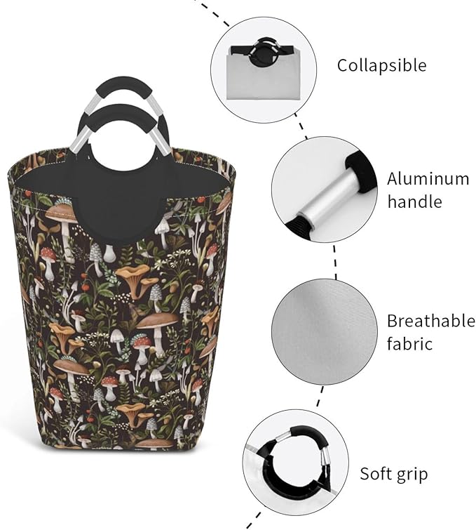Mushrooms Berries Laundry Basket - Black Foldable Hamper With Handles, Collapsible Plants Design, 50L Storage Bin for Dorm and Family