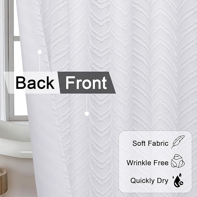 OVZME White Boho Fabric Shower Curtain 72 Inch Length, Tufted Chevron Striped Minimalist Premium Thick Cloth Bathroom Shower Curtain, Modern Hotel Textured Bathroom Decor, 72Wx72L Inches