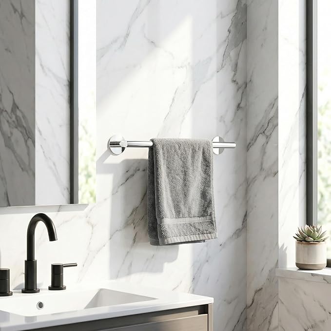Self-Adhesive Towel Bar 16" - No Drill Chrome Bathroom Towel Rack, Wall Mount Towel Holder, Rustproof Stainless Steel Adhesive Command Strip Towel Bar for Bathroom Wall