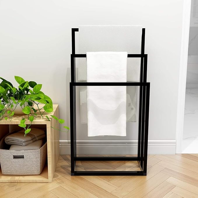 Metal Towel Racks 3 Bars for Bathroom Freestanding Drying Shelf 3 Tier Storage Organizer Washcloths Holder (Black)