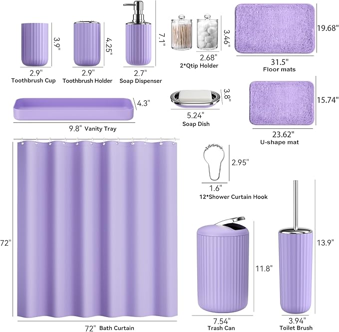 XLHOMO 24 PCS Purple Bathroom Accessories Set with Shower Curtain and Rugs, Bathroom Sets with Extra Soft and Absorbent Bath Rugs Shower Curtain Bathroom Accessory for Bath