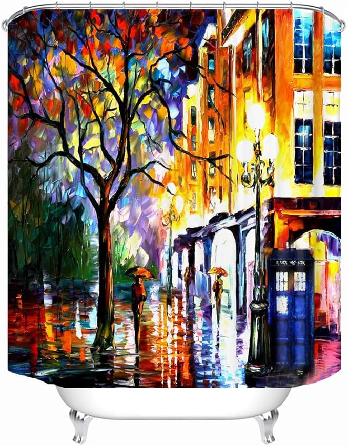 Bright Fabric Shower Curtains, Oil Painting Street Theme Design Art Shower Curtains, Bathroom Decor Set, 12 Shower Curtain Hooks (72 "Wx72 L) Inch Waterproof Shower Curtain.