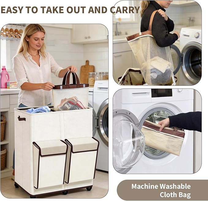 180L Large Dual Laundry Hamper With Lid And Wheels, Big Rolling Laundry Basket 2 Section Dirty Clothes Basket With 2 Side Pockets, Laundry Hanper With 2 Removable Bag For Laundry Room, Bedroom (White)