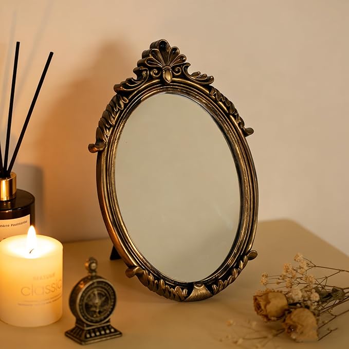 Vintage Gold Plastic Oval Makeup Mirror (Bronze, 11 * 7inches)