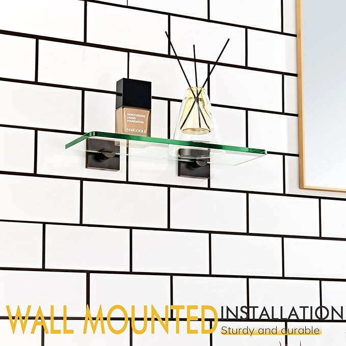 KOKOSIRI Bathroom Wall Shelves Glass Floating Shelf 12-Inch Tempered Glass Rack Shower Storage Decor, Oil Rubbed Bronze Stainless Steel B1107ORB-L12