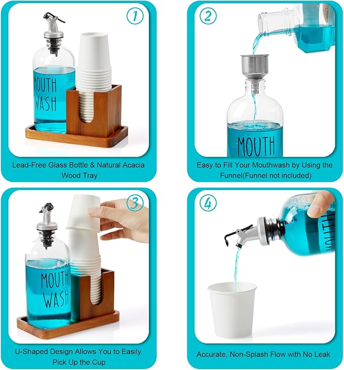 Glass Mouthwash Dispenser for Bathroom, 16 OZ Mouthwash Dispenser with Pour Spout and Acacia Wood Cup Holder and Tray, Mouth Wash Bottle Container, Farmhouse Kitchen Bathroom Decor and Accessories