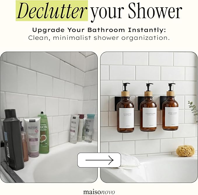 Shampoo and Conditioner Dispenser Wall Mounted Set of 3 Amber Bamboo - No Drill Shower Soap Dispenser for Bathroom Refillable - Spa Hotel Style Accessories by MaisoNovo