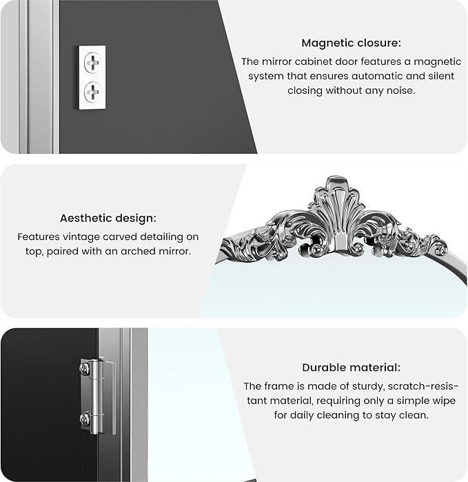 SogesHome Retro Arched Wall Mount Bathroom Mirror Cabinet with 3-Tier Storage, 15.7 x 23.6 Inch Elegant Decoration Medicine Cabinet with Removable Shelves, Farmhouse Vanity Organizer, Silver