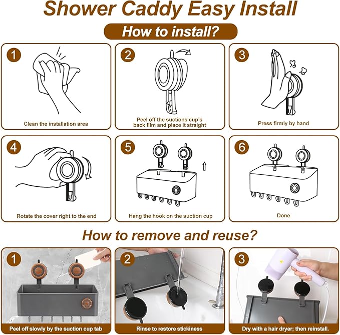 Shower Caddy Suction Cup, Removable Waterproof Bathroom Organizer Shower Shelf with Drainage, Suction Plastic Storage for Inside Shower, Shampoo, Bathroom Accessories Holder, Gray (Mahogany-L)