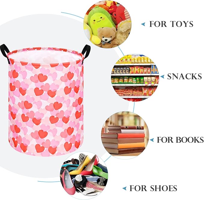 Round Valentine's Heart Pattern Laundry Hamper Clothes Storage Basket Fabric Storage Hamper Organization Storage Bin, Nursery Box,Gift Basket with Handles