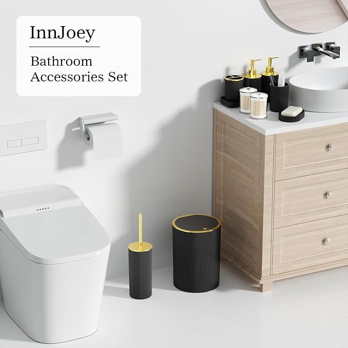 Black Gold Bathroom Accessories Set - Bathroom Sets, 25PC Bath Accessory Set, Bathroom Sets with Push Top Trash Can, Shower Curtain and Rugs, Toilet Brush, Trash Can & Soap Dispenser