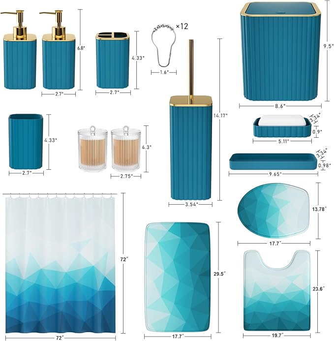 XLHOMO Bathroom Accessory Set - 26PC Bathroom Shower Curtain and Rug Set, Bathroom Accessories Set, Teal Bathroom Set with Trash Can, Toilet Brush, Qtip Holder & Soap Dispenser