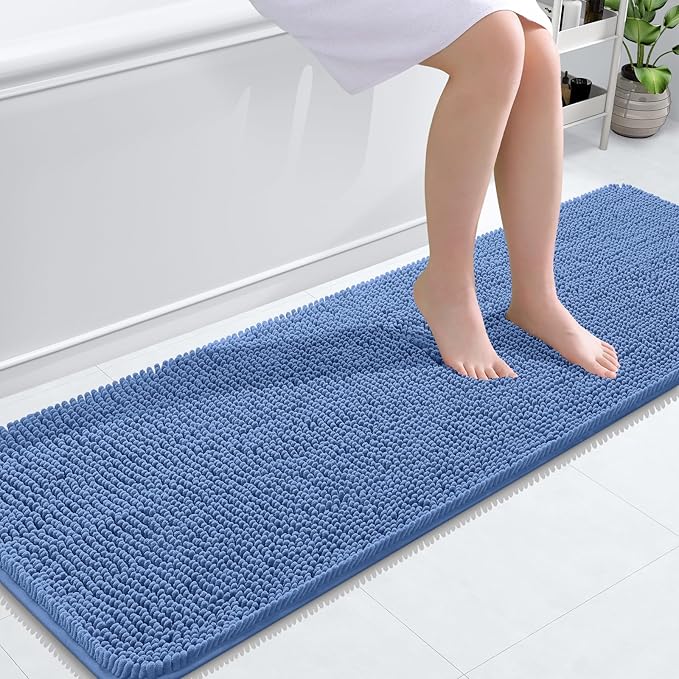 OLANLY Bathroom Rugs 59x20, Extra Soft Absorbent Chenille Bath Rugs, Rubber Backing Quick Dry, Machine Washable Bath Mats for Bathroom Floor, Tub and Shower, Home Decor Accessories, Cornflower Blue