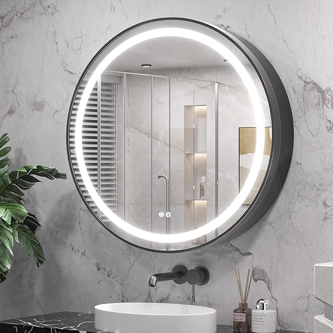 Keonjinn 30 Inch Round Lighted Medicine Cabinet, Black LED Medicine Cabinet Mirror, Circle, Electrical Outlet, 3 Color Lights, Anti-Fog, Dimmable, Surface Mount Only