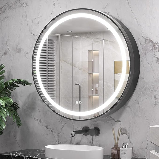 Keonjinn 30 Inch Round Lighted Medicine Cabinet, Black LED Medicine Cabinet Mirror, Circle, Electrical Outlet, 3 Color Lights, Anti-Fog, Dimmable, Surface Mount Only