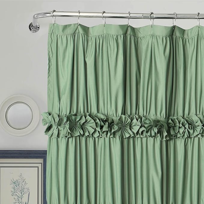 Light Green Ruffle Shower Curtain, Vintage Handcrafted Bow Tie Bath Curtain for Master Bathroom, Ruched Microfiber Bathroom Curtain with 12 Buttonholes, 72" W x 72" H (LQ-10)
