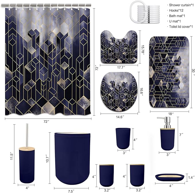 Lnond Blue Bathroom Set, Blue Abstract Cubes Bathroom Accessories Sets Complete, Luxury Restroom Set with Shower Curtain and Rugs, Trash Can, Toilet Brush Holder Set & Soap Dispenser