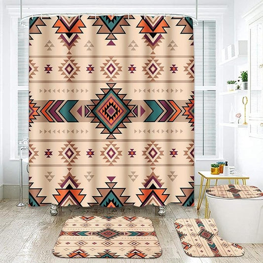 ArtSocket Boho Retro Bathroom Set with Shower Curtain and Rugs Accessory, Traditional Rhombus Summer Colorful Abstract Shower Curtain for Bathroom Decor 4 Pcs
