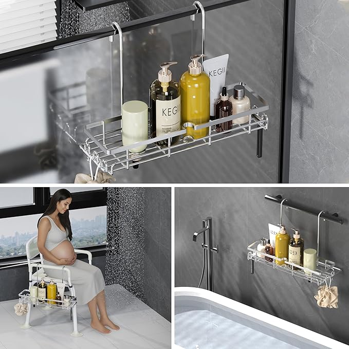 KEGII Hanging Shower Organizer - Shower Rack Hanging Rustproof, Shower Chair Caddy with Shower Head Holder for Post-Surgery Patient/Elderly User, Hanging Shower Basket on Bath Seat