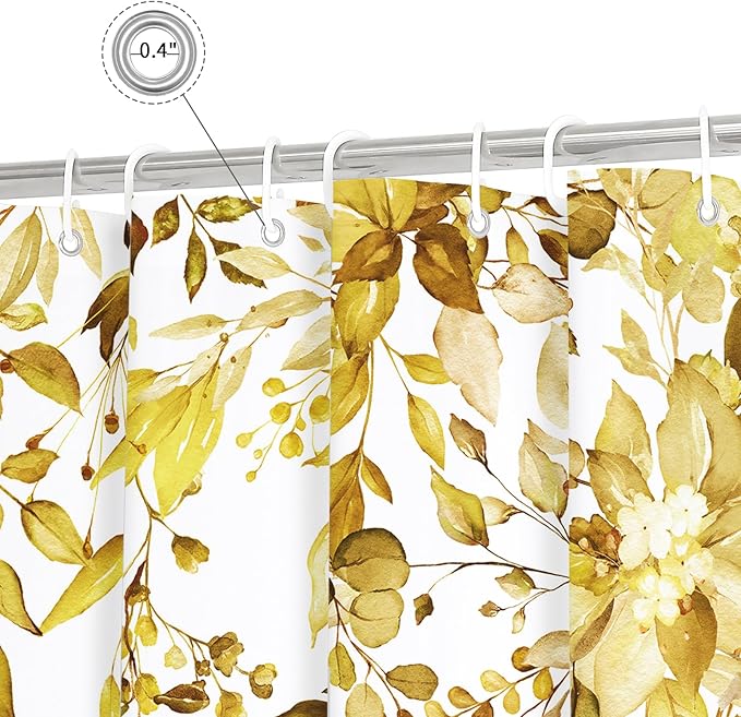 Gibelle Long Shower Curtain 72 x 78, Yellow Floral Shower Curtain for Bathroom, Watercolor Plant Eucalyptus Leaves Fabric Shower Curtain Set