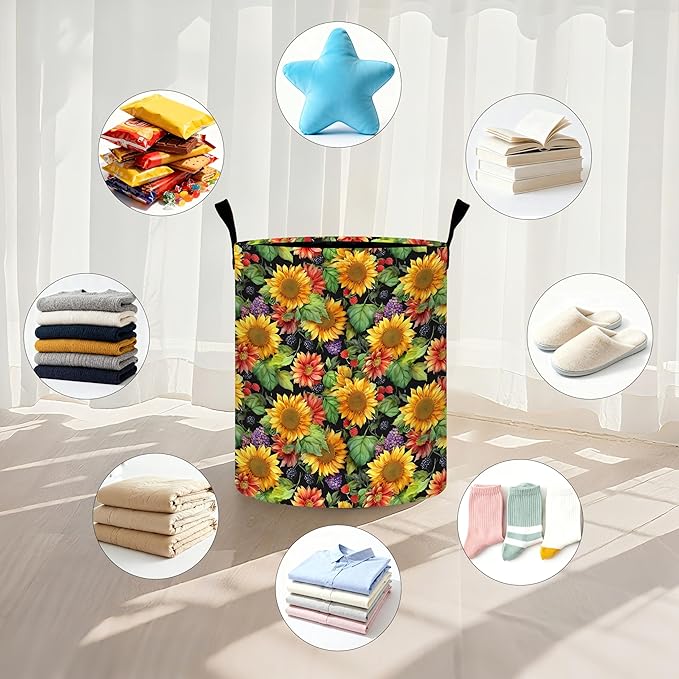 Sunflowers Laundry Basket Storage Bin Foldable Laundry Hamper Clothes Storage Bucket Organizer 19.6x15.7 Inch For Laundry Room/Bedroom/Bathroom