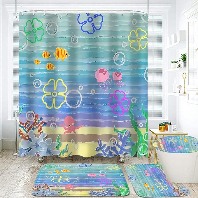 Yizheer 4Pcs Cute Beach Ocean Shower Curtain Sets, Cartoon Ocean Theme Bathroom Curtain with Rugs, Toilet Lid Cover and Bath Mat
