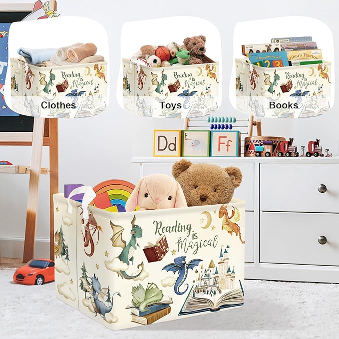 Dinosaur Laundry Hamper Large Storage Basket Cartoon Dino Collapsible Parents Organizer Kids Toy Clothes Bins for Bedroom, Bathroom, Magic Books, 36L