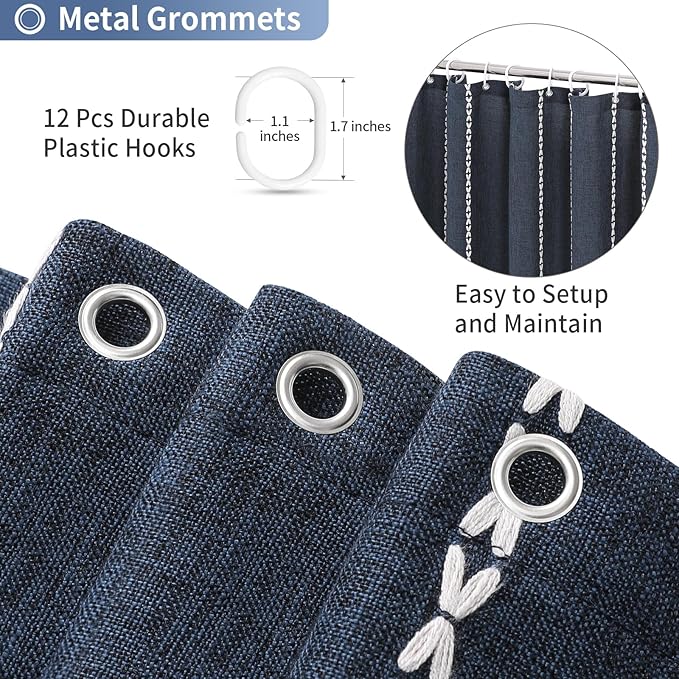 MitoVilla Boho Extra Long Shower Curtain 72 x 84, Navy Modern Farmhouse 84 inch XL Polyester Linen Texture Tassel Fabric Shower Curtain Set with Hooks for Cottagecore Country Bathroom Decor,Navy