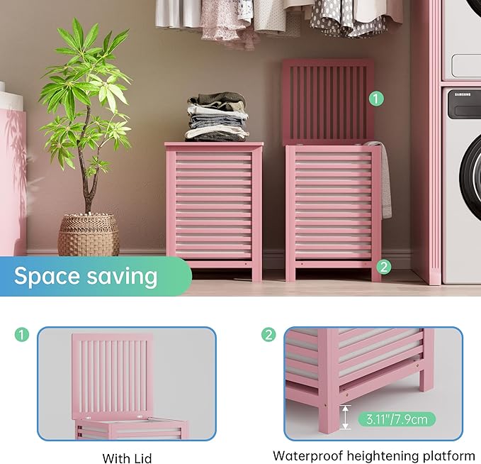 SMIBUY Double Laundry Hamper with Lid, 120L Bamboo Laundry Basket with Removable Liner Bag, 2-Section Clothes Divider Laundry Sorter for Laundry Room, Bathroom, Bedroom (Pink)
