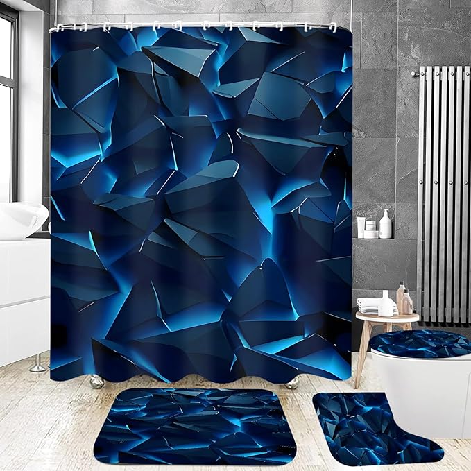 Yizheer 4Pcs Blue Geometry Rock Modern Shower Curtain Set with 12 Rustproof Hooks Bath Mat Toilet Cover U Shaped Mat- PEVA Material, 72x72 Inches, Bathroom Shower Curtain for Bathtub (Blue Rock)