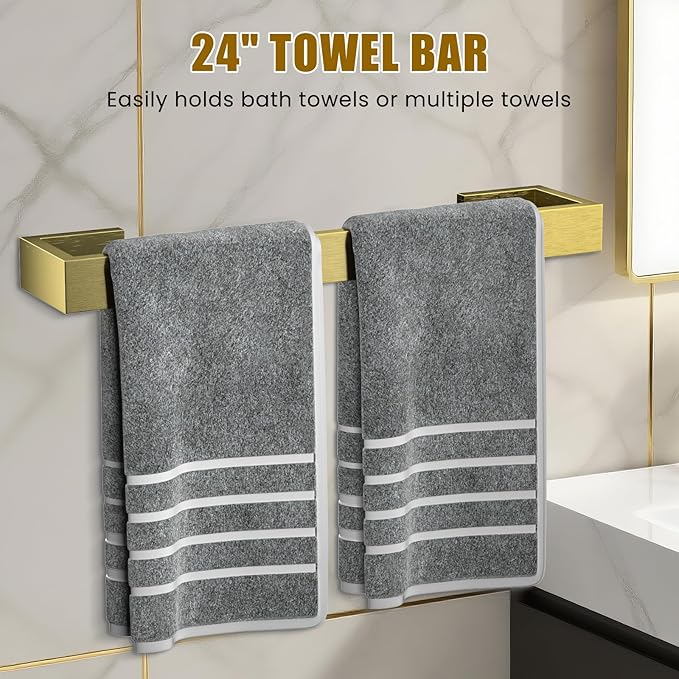 4 Pcs SUS304 Stainless Steel Bathroom Accessories Set, 24" Towel Bar, Towel Holder, Toilet Paper Holder, Robe Hook, Minimalist Design for All Styles Bathrooms (Gold)