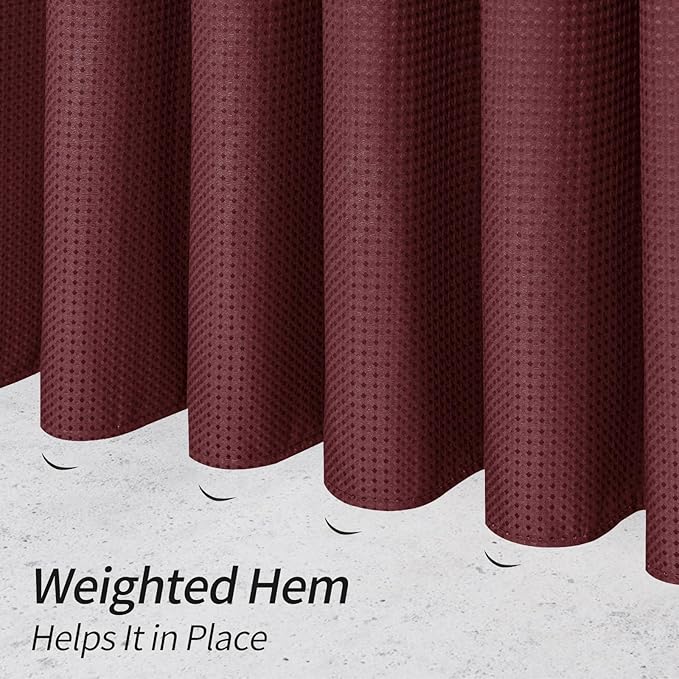 MitoVilla Burgundy Waffle Small Stall Shower Curtain 36 x 72, Half Size Fabric Narrow Shower Curtains for Bathroom Decor, Wine Red 36 inch Weighted Shower Curtain Set with Plastic Hooks